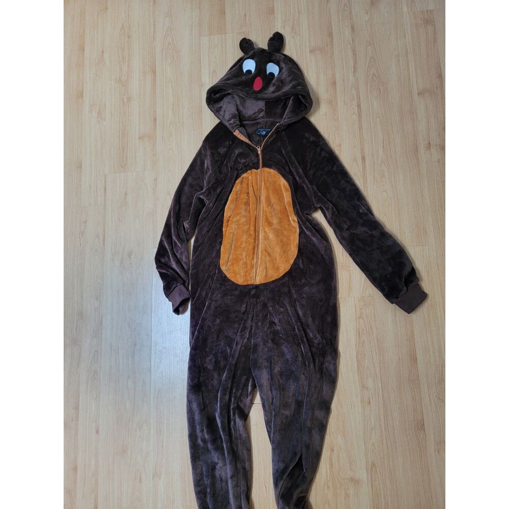 Forever 21 Men Reindeer Onesie Hooded Plush Christmas Pajamas Brown XL